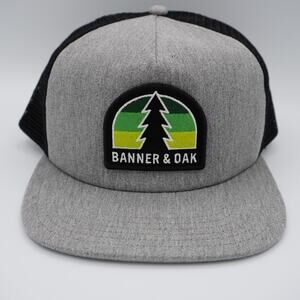Banner & Oak Trucker Hat Gray Black Snapback Tree Logo Flat Bill Mesh Back Cap